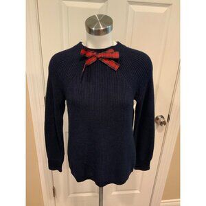 J. Crew Mercantile Navy Blue Knit High Neck Sweater W/ Red Plaid Bow, Size XS